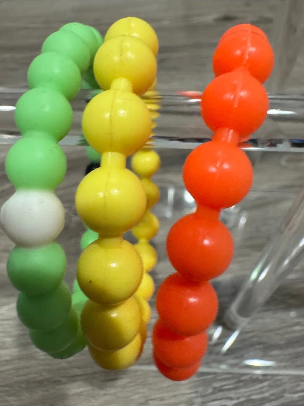 3 Rubber Bead Bracelets - Green, Yellow & Orange - Good Condition